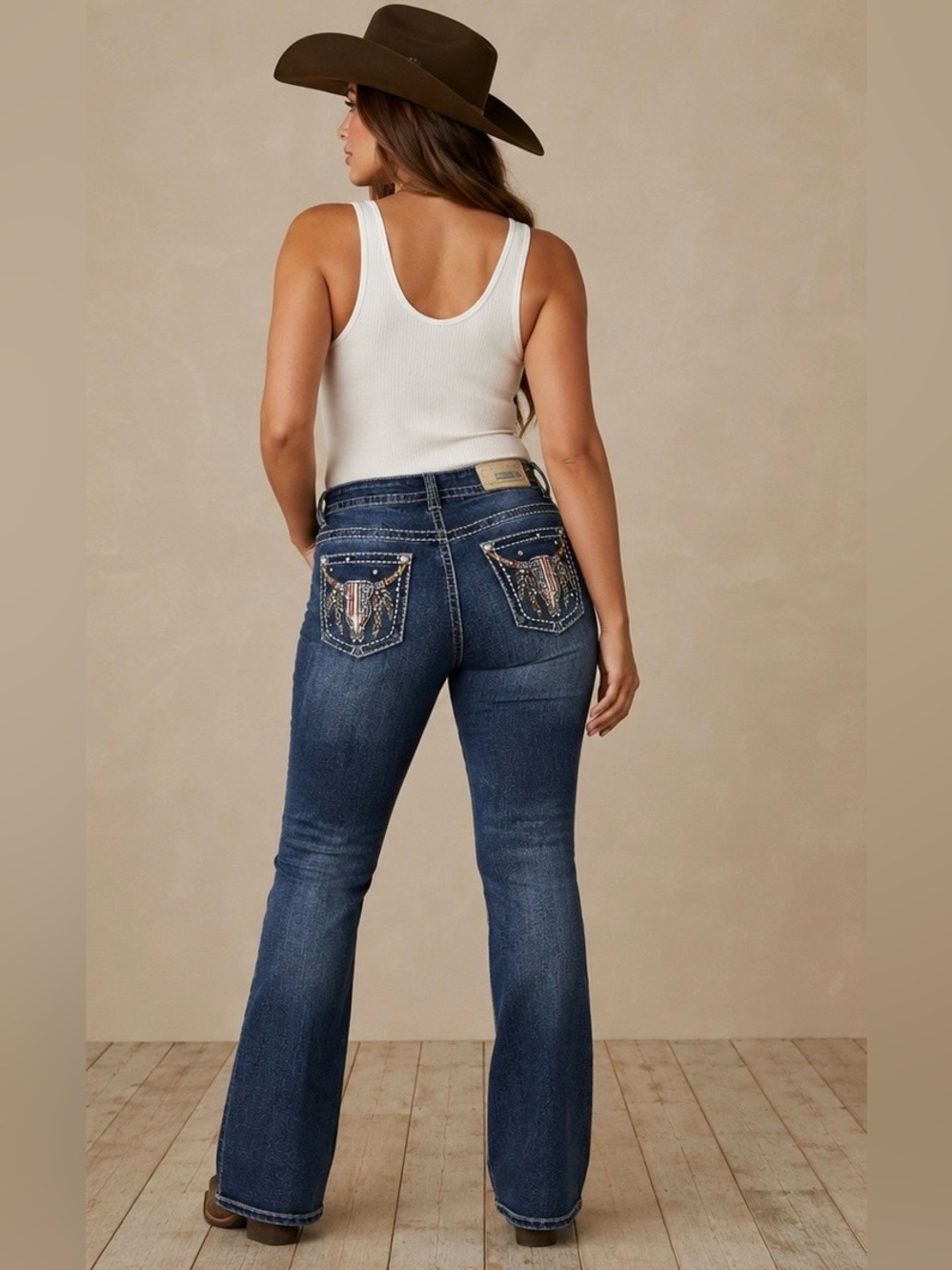 Y2K Sexy Couture American Flag Steer Head Skull Bling Dark Wash Bootcut Jeans